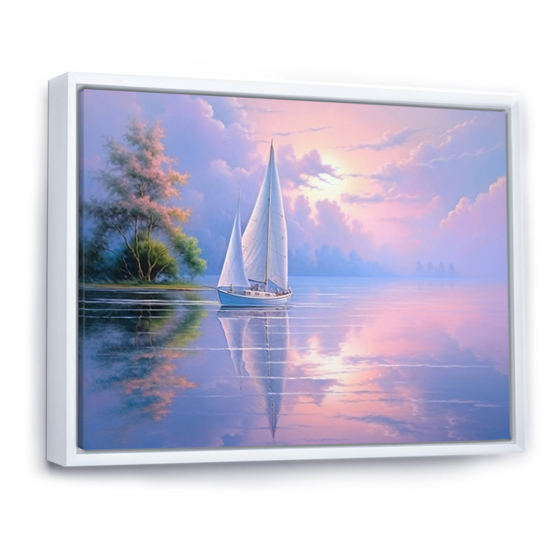 Voilier, voile, sérénade III sur toile, H 34 po x l 44 po x P 1,5 po, Cadre flottant blanc