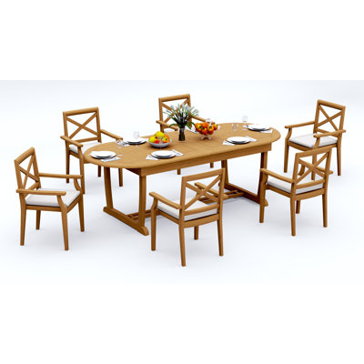 Ensemble de salle à manger 7 pièces en bois de teck de qualité A: table de 94 po à pieds tréteaux Mas et 6 chaises empilables Damarrea # 11GR2306