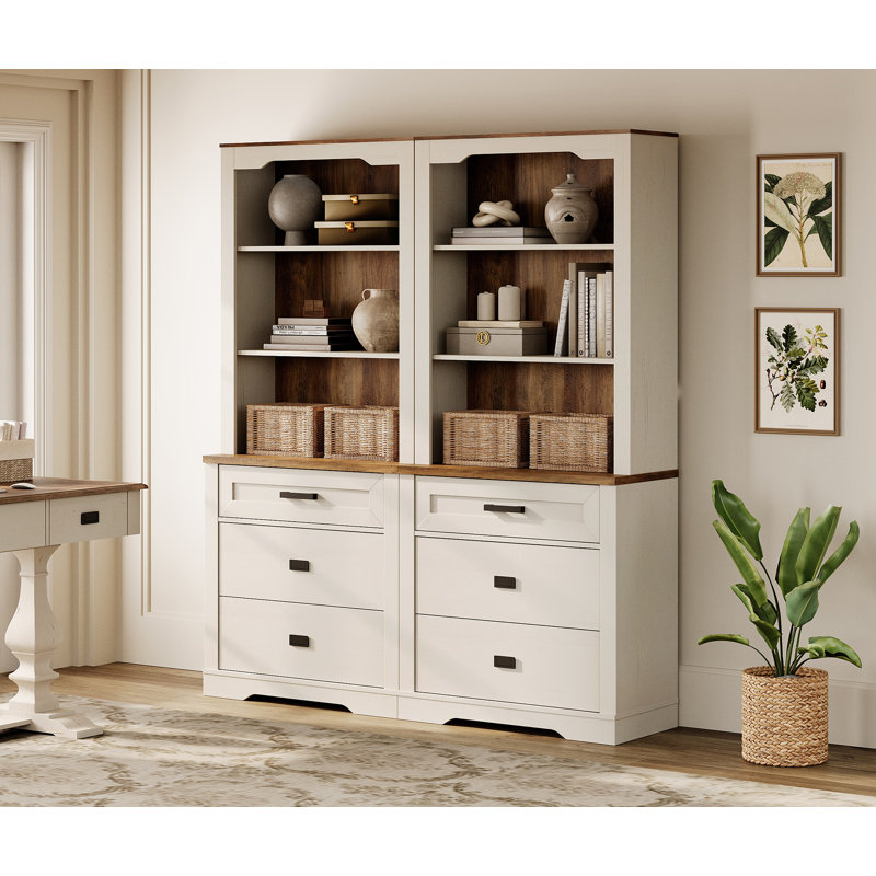 Laziza 2 Column 3 Tier Bookcase With Drawer,73.3" Tall Floor Standing Bookshelf,Modern Farmhouse Display Storage Cabinet With Adjustable Shelves