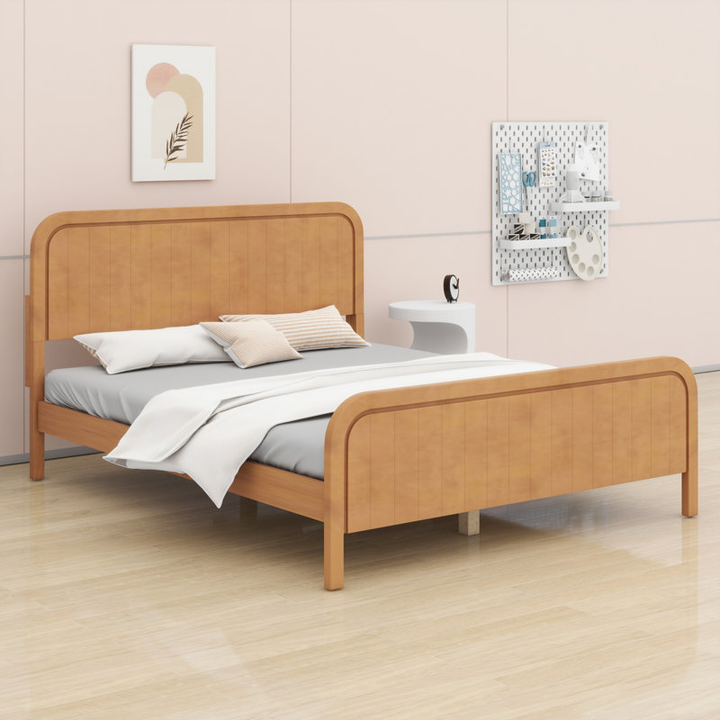 Structure de lit en bois robuste avec tête de lit, système de support de lattes en bois intégré, Natural Oak