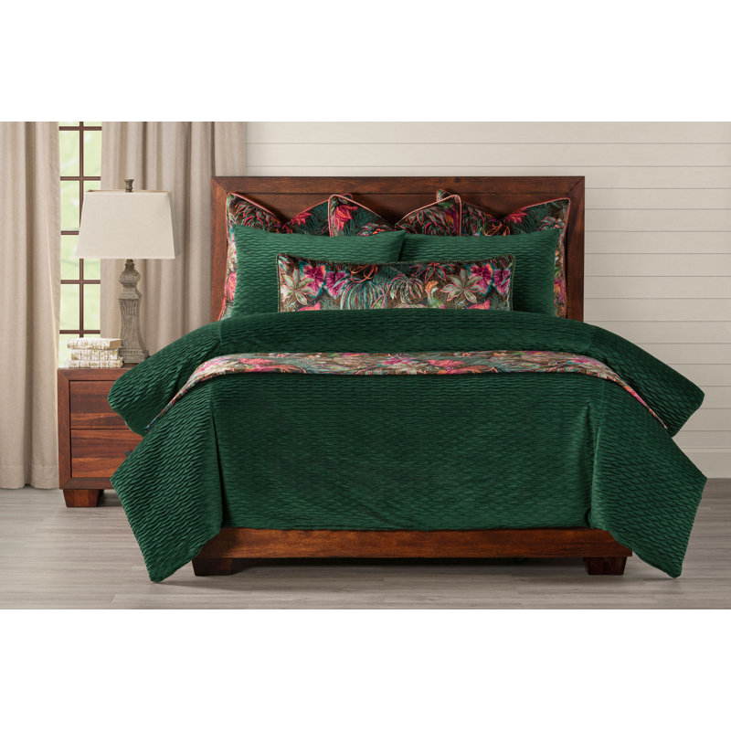 Pleated Velvet Emerald Green Duvet & Insert Set, King Duvet Cover + 2 Shams + 1 Pillow