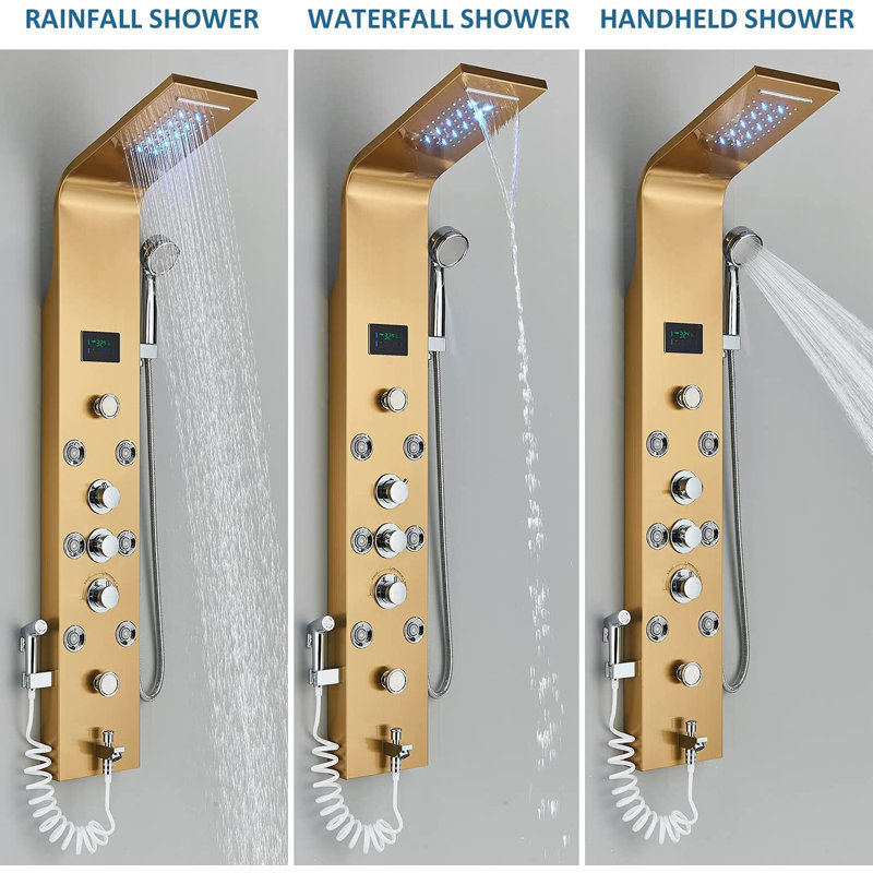 Gold LED Shower Panel Column Tower Stainless Steel Body Jet Shower Mixer System