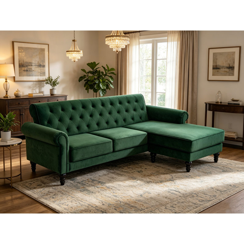 Petoskey 3 Seater Velvet Sofa & Chaise, Green