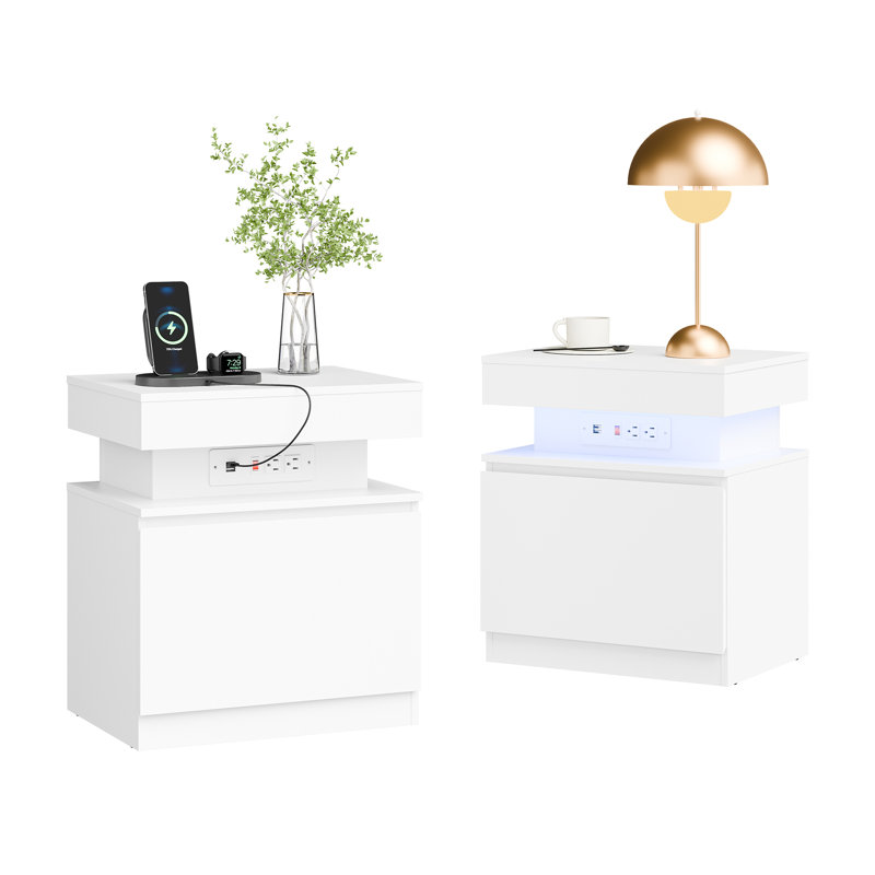 Hico Modern Nightstand with LED and Charging Station, Set of 2, White
