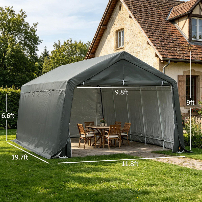 Tente de rangement robuste 12 pi x 20 pi, abri d'auto portatif avec housse en polyéthylène anti-UV et portes à double fermeture à glissière, gris