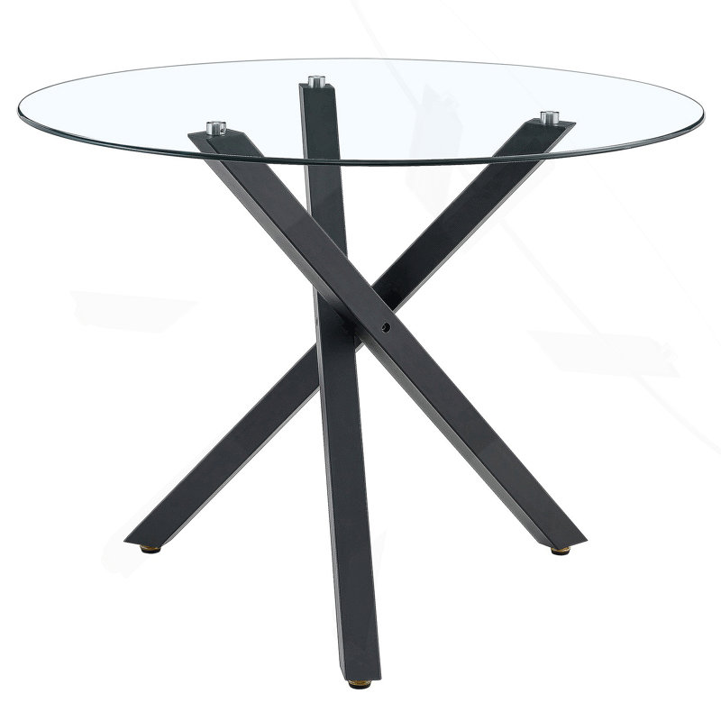 Table ronde moderne et minimaliste en verre: 31 pouces de diamètre, support en métal noir en forme de X, élégant et pratique.