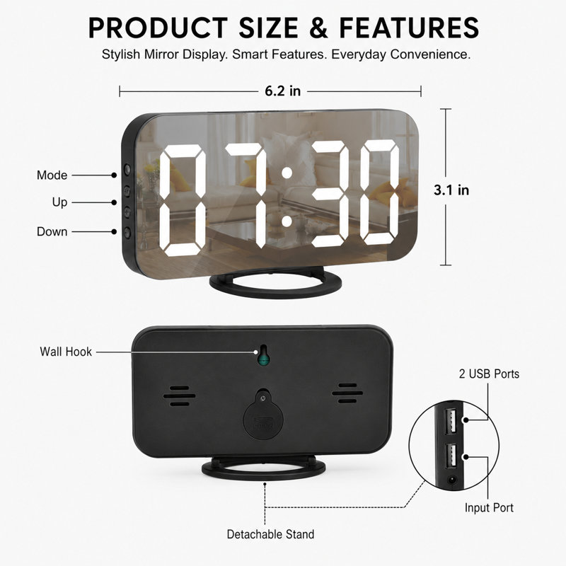 Réveil-matin numérique à surface dorée Elegant, Black