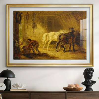 Intérieur d'une étable avec chevaux et personnages-James Ward - reproduction encadrée avec passe-partout et verre-c. début du 19e siècle