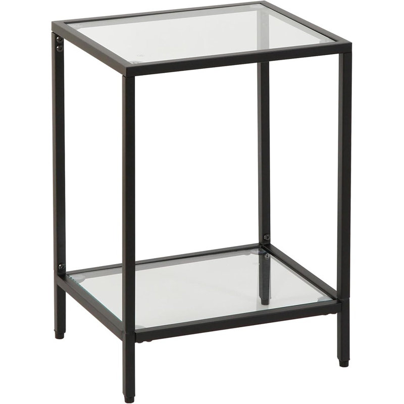 Black 2-tier Tempered Glass Side Table, Modern End Table, 1