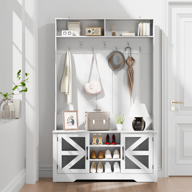 Beitske 5-in-1 Hall Tree with Storage Bench and Barn Doors, Retro Entryway Organizer with Coat Rack, Shoe Cubbies, Hooks & Upper Shelf for Foyer or Mudroom