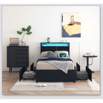 Bed Frame With Storage Headboard And 2 Drawers, LED Lights Bed With Charging Station, Metal Platform Bed No Noise, Mattress Foundation Strong Metal Slats Support No Box Spring Needed