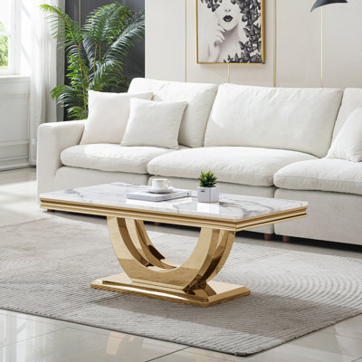 3 Pieces Coffee Table Set, White Faux Marble Coffee Table with 2 Square End Side Tables, Modern Living Room Table Set with Double U-Shape Stainless S by Everly Quinn