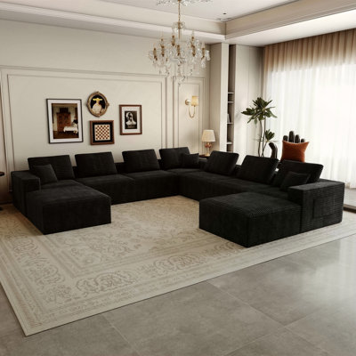 Siège modulaire 141,73 * 141,73 po, canapé compressé rembourré pour salon, chambre à coucher, appartement, aucun assemblage requis, combinaison sans PC pour 9 personnes, tissu en velours côtelé moelleux, NOIR