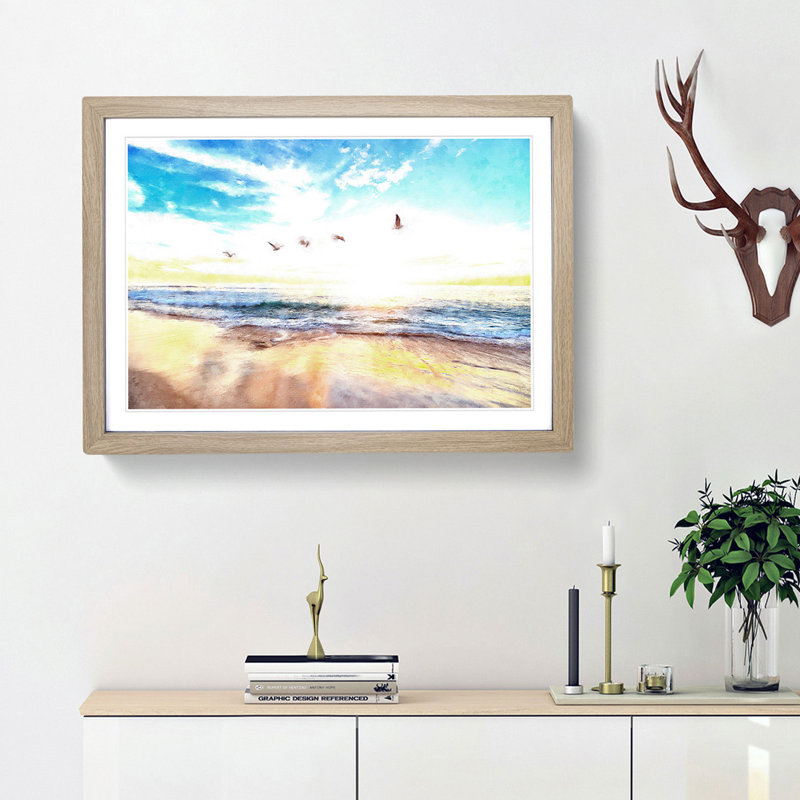 Seagulls Over A Beach In San Diego - Single Picture Frame Painting on MDF, Oak Framed, 45cm H x 63cm W x 2cm D
