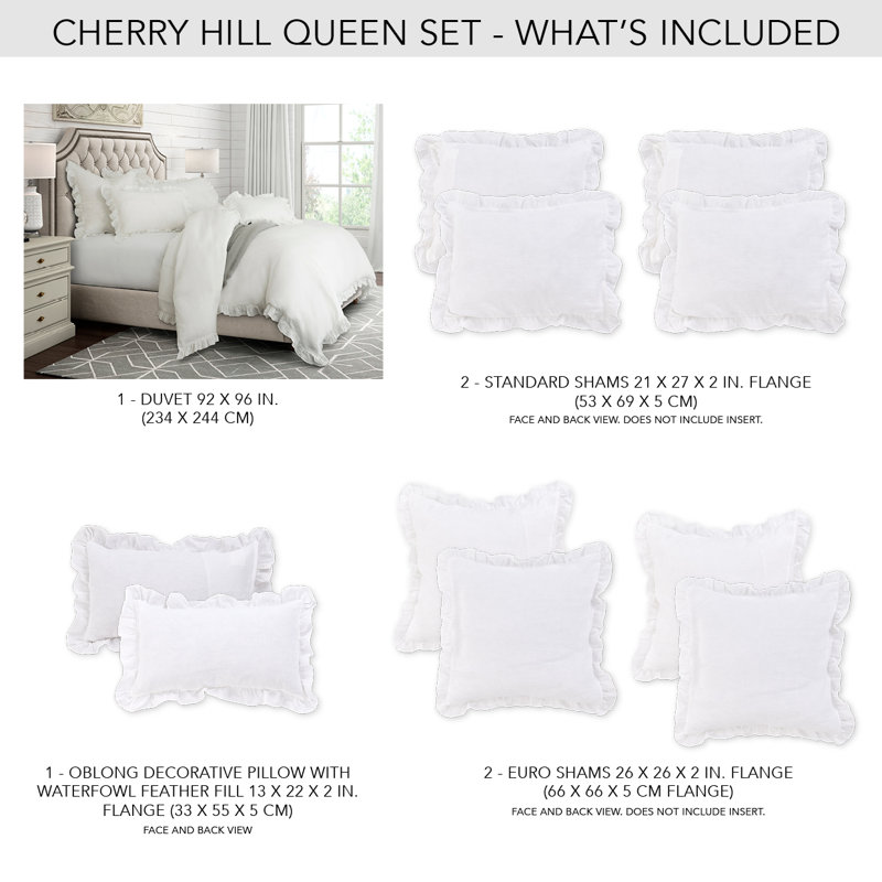 Cherry Hill Linen Duvet Set - White, Queen Duvet Cover + 4 Shams + 1 Pillow