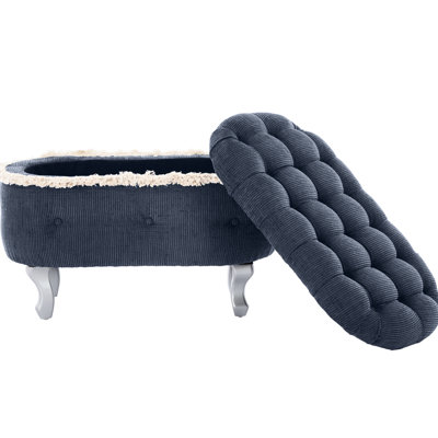 Banc de rangement bleu 29,5 po avec boutons, revêtement en tissu, frange à pampilles, adaptabilité multi-scénario, structure stable rembourrée, mousse haute densité, idéale pour le vestibule