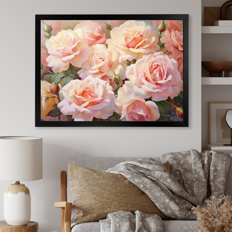 Roses roses, impression romantique - décoration murale encadrée florale, Cadre simple noir, H 16 po x l 32 po x P 1 po