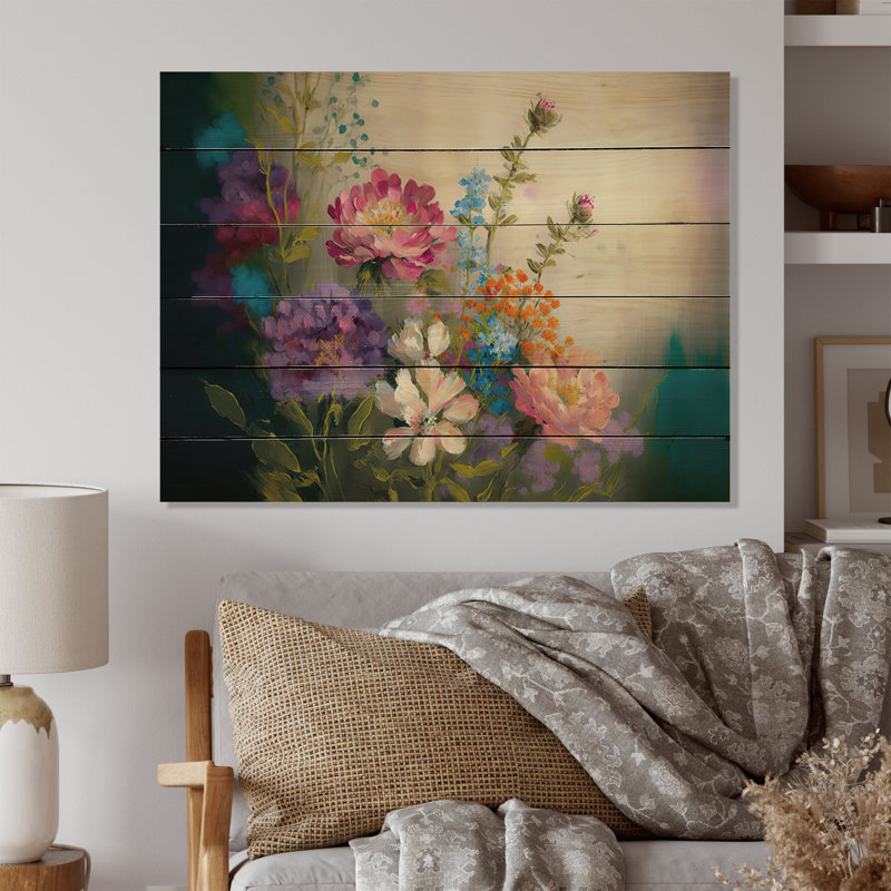 «Painted Blossoming Wildflowers III - Bouquet floral», reproduction de bois crème, H 30 po x l 40 po x P 1,5 po