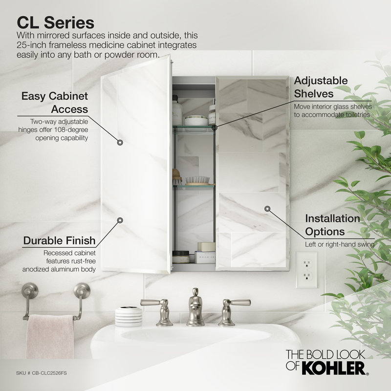 CLC Aluminum Two-Door Medicine Cabinet With Mirrored Doors, Beveled Edges, 26" H x 25" W x 5" D