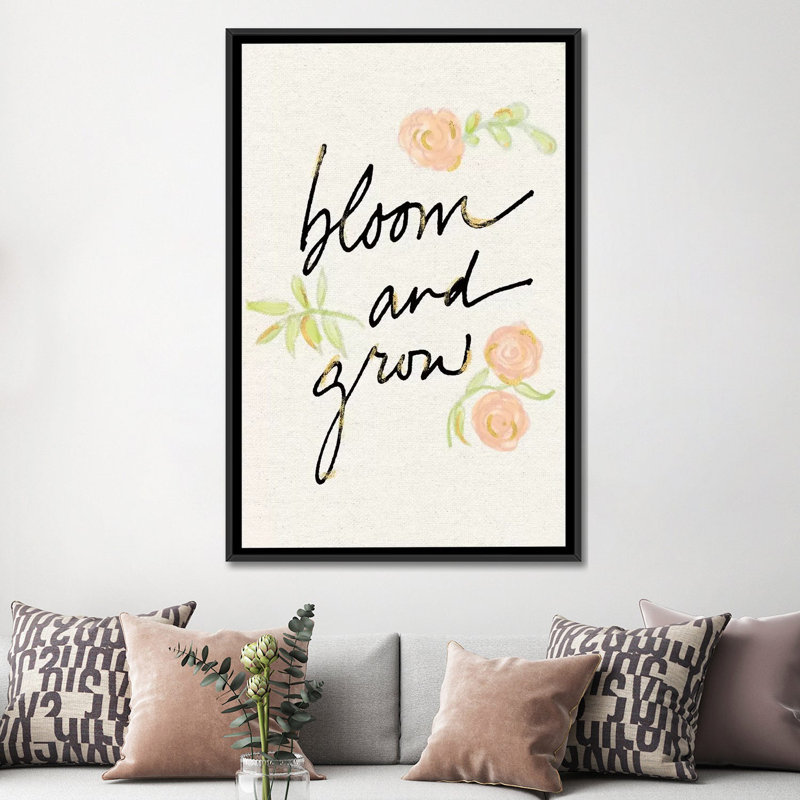 «Bloom and Grow», art textuel sur toile, H 26 po x l 18 po x P 1,5 po, Toile avec cadre noir, Pas de tapis