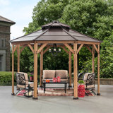 Sunjoy 13 x 13 ft. Cedar Framed Octagon Wood Gazebo with Double Tiered Steel Hardtop Roof and Ceiling Hook for Garden, Backyard Shade