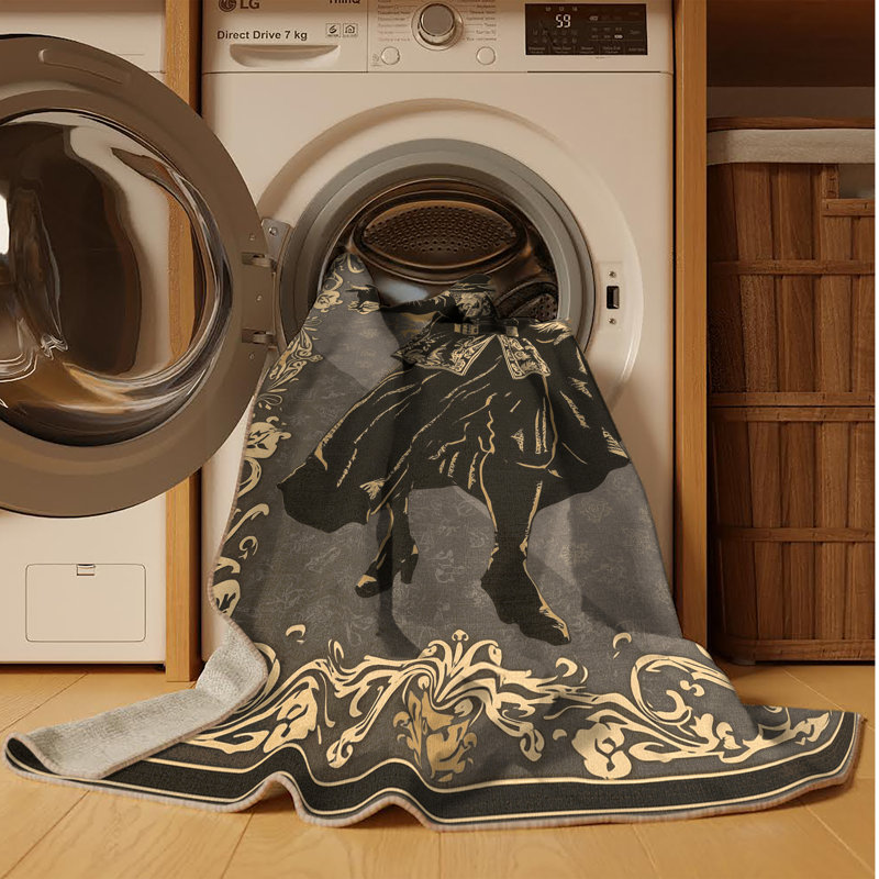 Tapis traditionnel lavable à la machine de style Shakespearean Actor en gris - reliure beige, 8 x 12