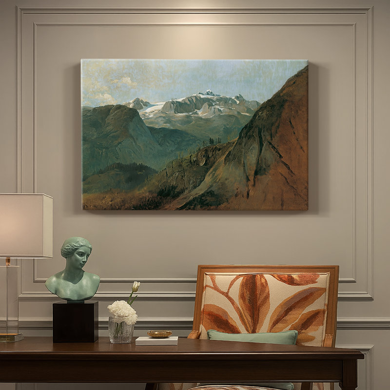 Paysage alpin avec un sommet enneigé (Le Dachstein) -Fryrich Gauermann-Toile tendue avec châssis-c. Milieu du 19e siècle