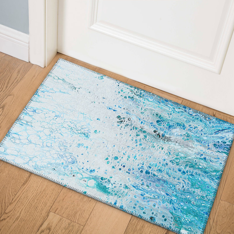 Tapis bleu abstrait tissé à la machine, Rectangle 1 pi 8 po x 2 pi 6 po
