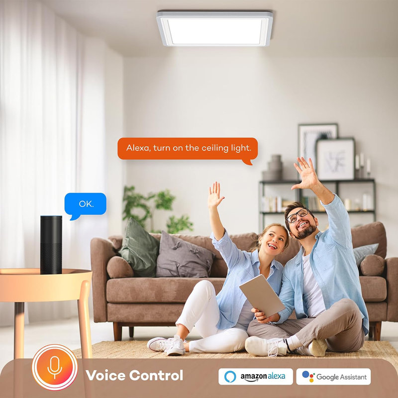 Smart LED Ceiling Light Wifi, 13In RGB Flush Mount Lighting Fixture With Remote, Compatible With Alexa Google Home, Low Profile Ceiling Light For Bedroom, Kitchen, Square White