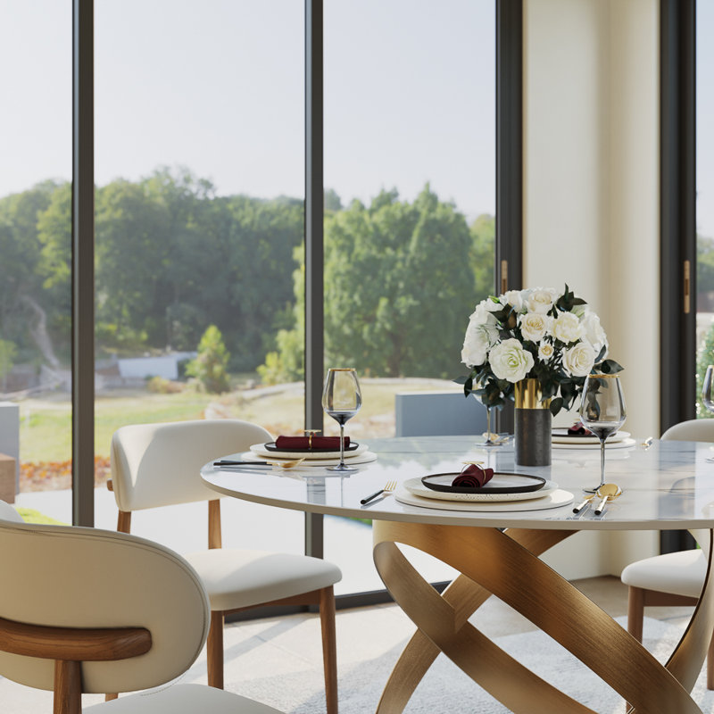 Table de salle à manger Maxwell, Blanc lustré, Bronze, H 29,53 po x L 51,18 po x l 51,18 po