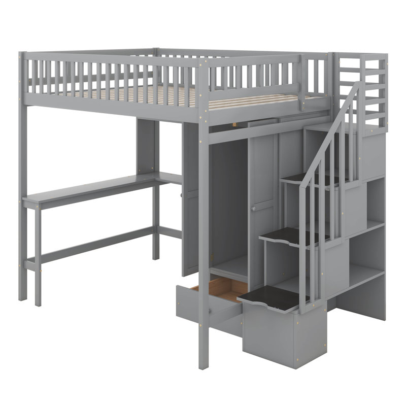 Lit mezzanine double avec tiroirs Jamesy Kids, gris