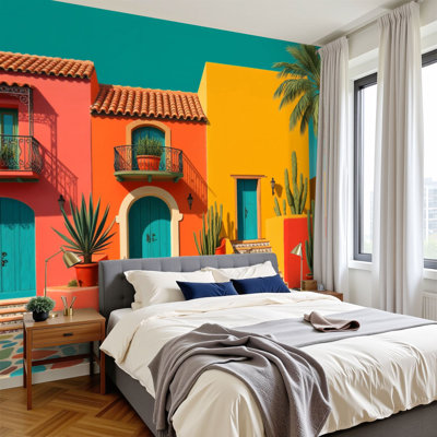 Papier peint adhésif Boho coloré de style méditerranéen, portes turquoise, toits en terre cuite, papier peint amovible en PVC, H 100 po x l 144 po, art mural pour salon de chambre à coucher