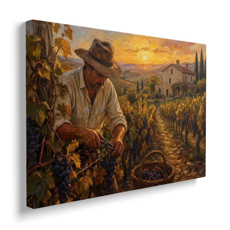 Reproduction sur toile d'une peinture représentant les vendanges au coucher du soleil dans un vignoble - 30 x 45 cm