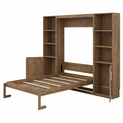 Élégant lit escamotable en bois avec tablettes et armoires polyvalentes
