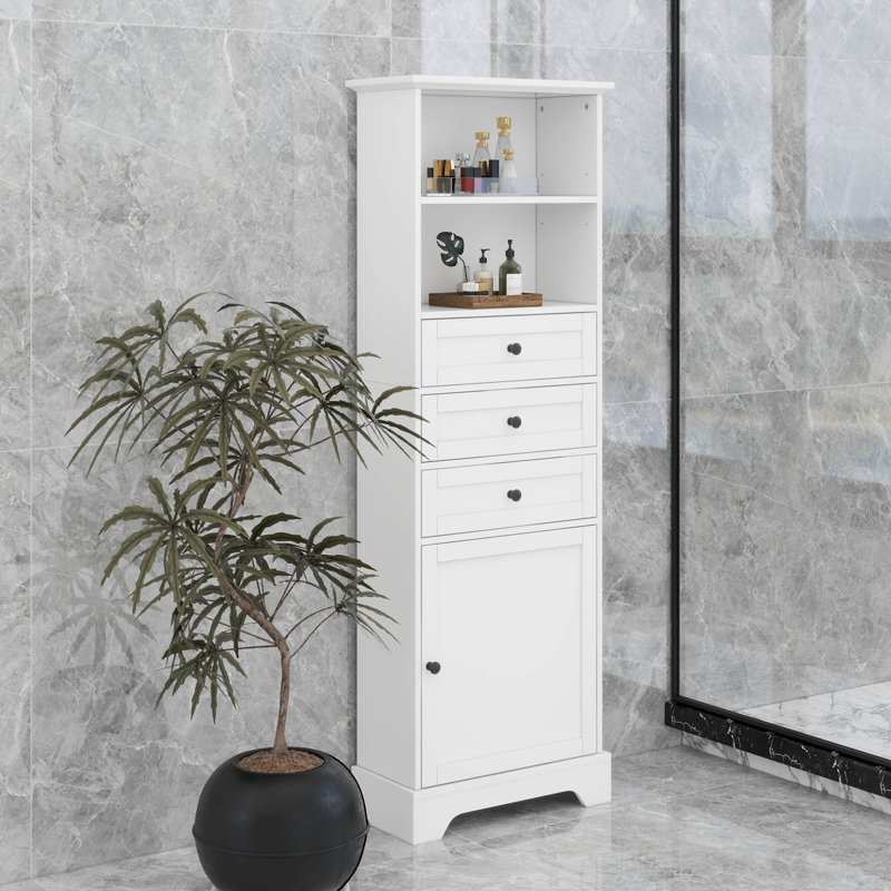 Bathroom Tall Storage Cabinet With Door, Drawers And Open Storage Shelves, With Adjustable Shelves, White