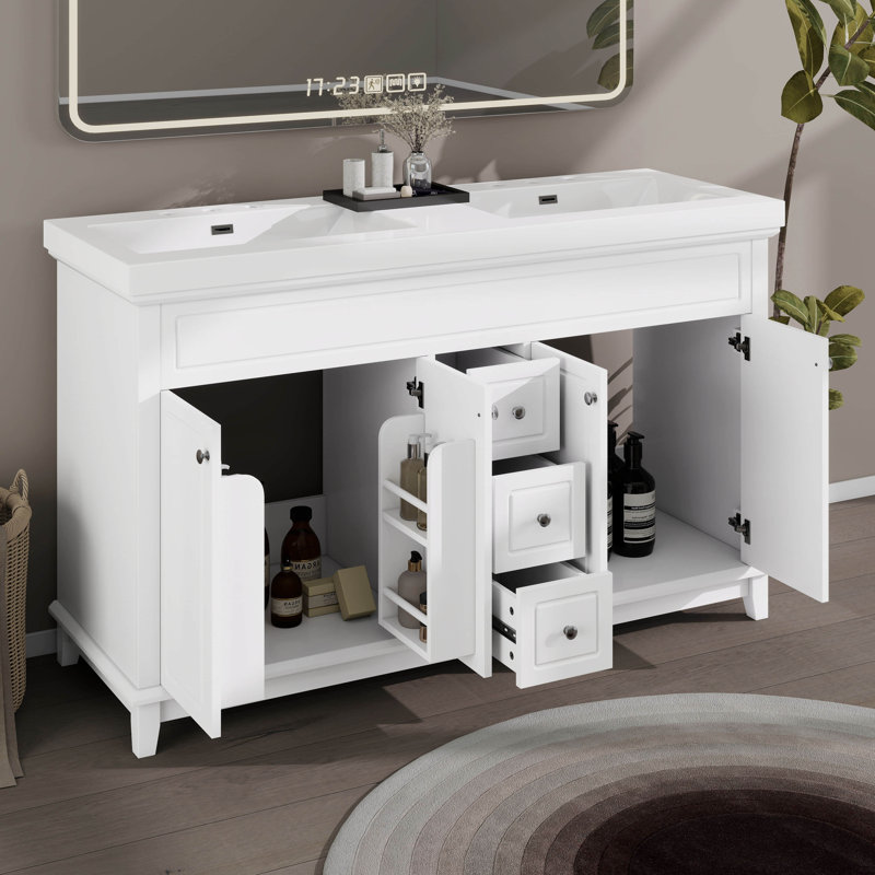 Meuble-lavabo double 60 po avec 2 lavabos, tiroirs et portes à fermeture douce, armoire de salle de bain moderne en bois avec tablettes à 2 niveaux