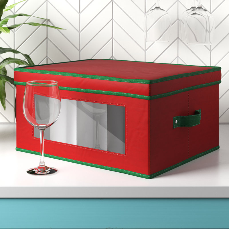 Boîte de rangement pour verre à vin des Fêtes dans un cadre solide, poignées, panneau avec fenêtre et 12 compartiments