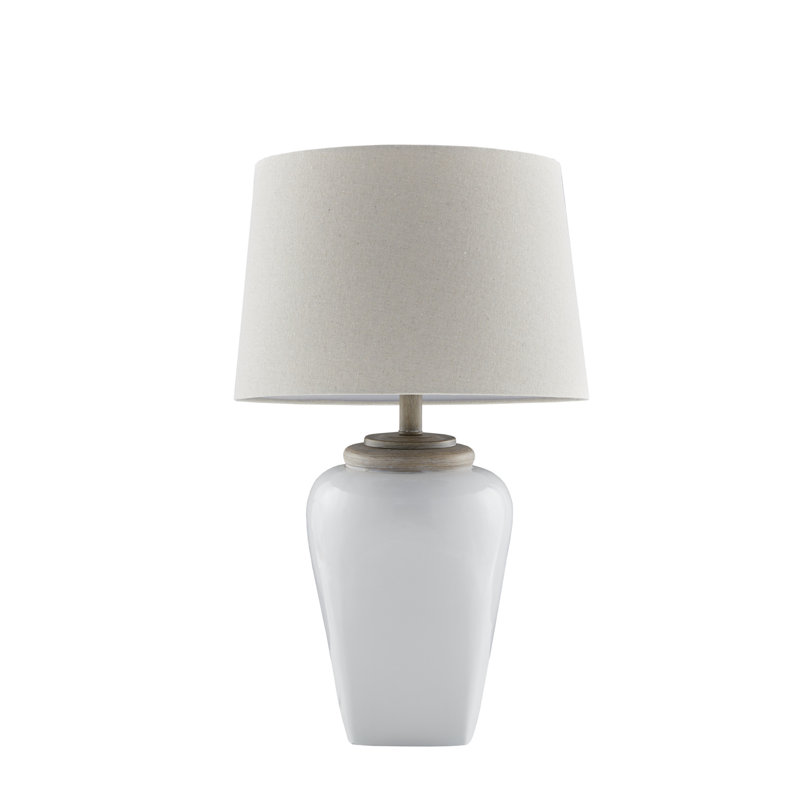 White Ceramic Table Lamp with Light Wood Accents and Empire Shade