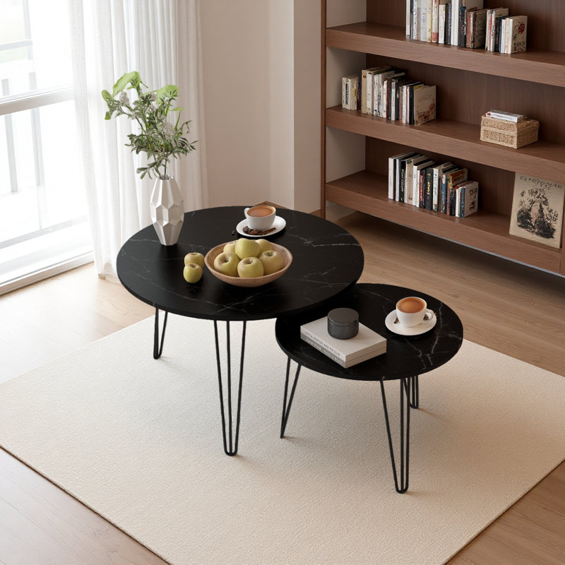 Nesting Coffee Table Set Of 2, Circular Nesting End Table Set, Round Tabletop, And Sturdy Metal Base For Living Room, Black