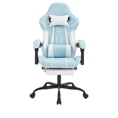 Fauteuil de jeu en cuir bleu avec fonction de massage lombaire, 90 - 135 et repose-pieds rétractable en cuir, offrant un soutien complet du corps, rotation de 360