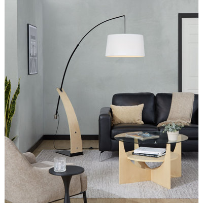 Lampe sur pied moderne Mid-Century, bois naturel avec abat-jour en lin blanc