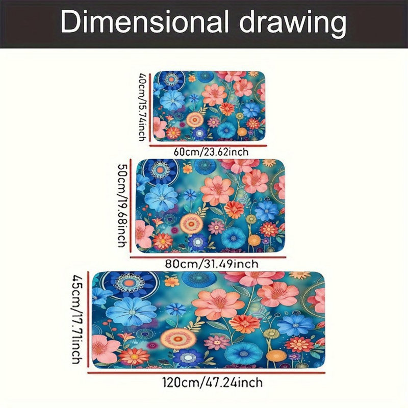 Tapis d'entrée de cuisine 3 pièces aquarelle à motif floral bleu