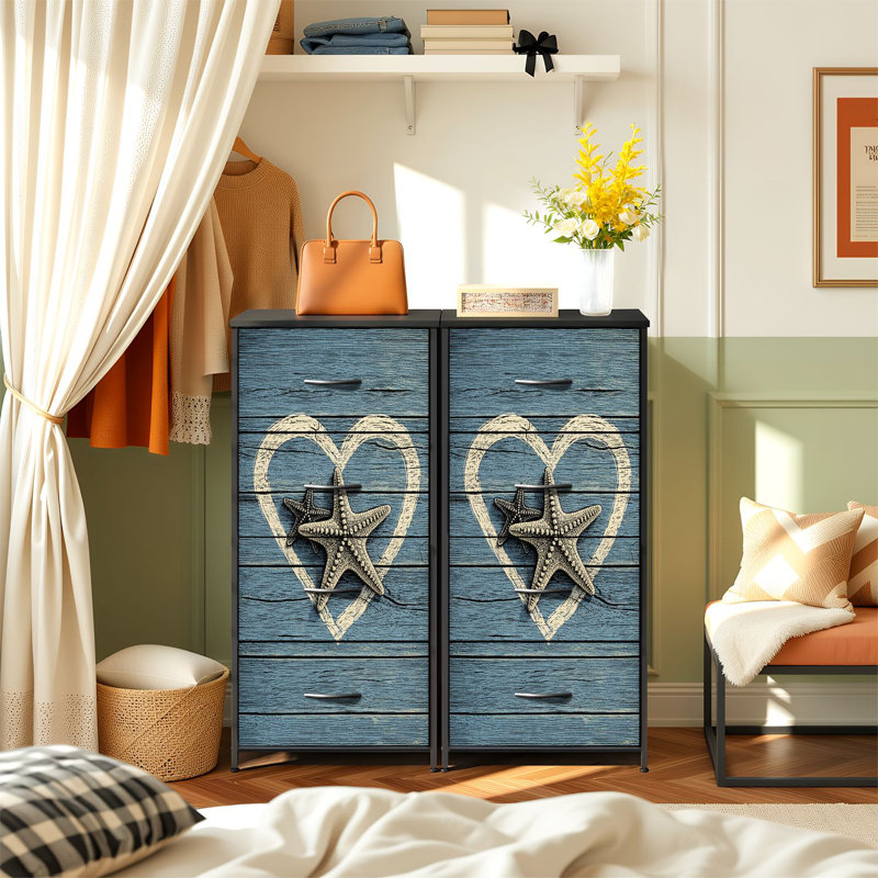 Commode rustique pour chambre à coucher avec 4 tiroirs de rangement Heart Starfish Seashell Ocean Seaside Commodes en bois Commode en tissu avec cadre en acier