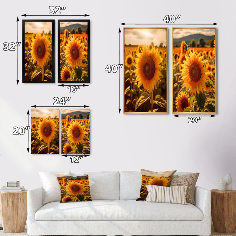 «Sunflower Golden At Sunset», 2 pièces sur toile, Toile tendue, H 32 po x l 32 po