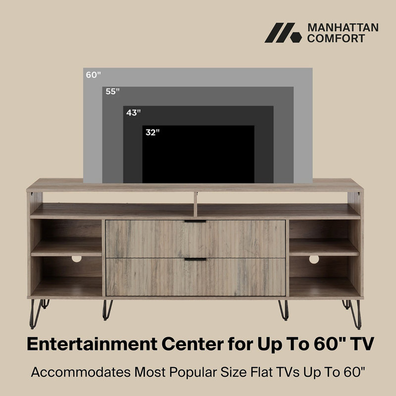 Dumbo 63" Fluted TV Stand In Rustic Gray, Gray/Black, 26.77"H x 62.99"L x 17.99"W
