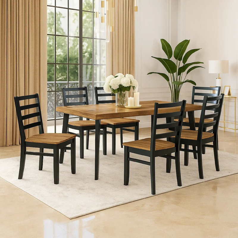 Ensemble de table de salle à manger 7 pièces Bia, plateau à chevrons brun, chaises à dossier noir