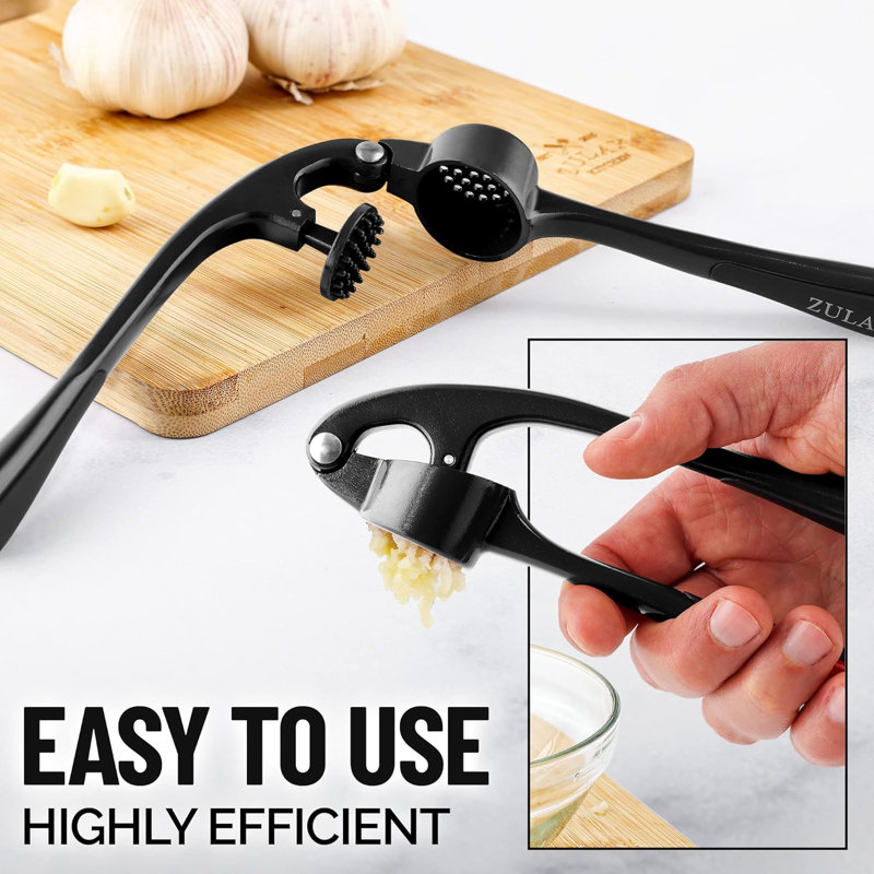 Zulay Kitchen Premium Garlic Press Set - With Silicone Garlic Peeler & Brush, Black