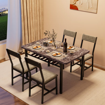 Modern Style 5-Piece Dining Table Set with 43.3"L x 27.6"D Rectangular Faux Marble Top Dining Table and 4 Velvet Upholstered Dining Chairs, 4-Person Dining Set with Under-Table Storage