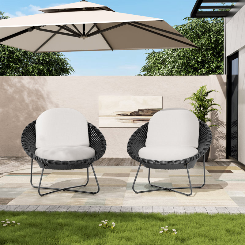 Kayla Metal & Wicker Patio Lounge Chairs with Cushions (set of 2), Black