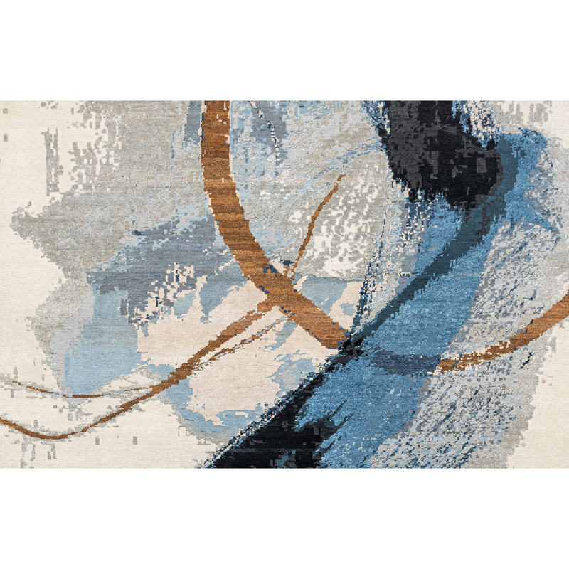 Handmade Silk and Wool Abstract Area Rug, Rectangle 6' x 9'